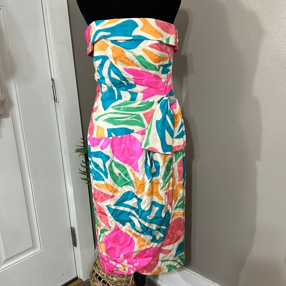 Vintage 80s neon floral A.J. Bari silk strapless cocktail party dress Women’s 8